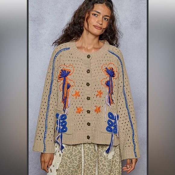 POL. Embroidered Cardigan with Frayed Edges - Picture 2 of 6